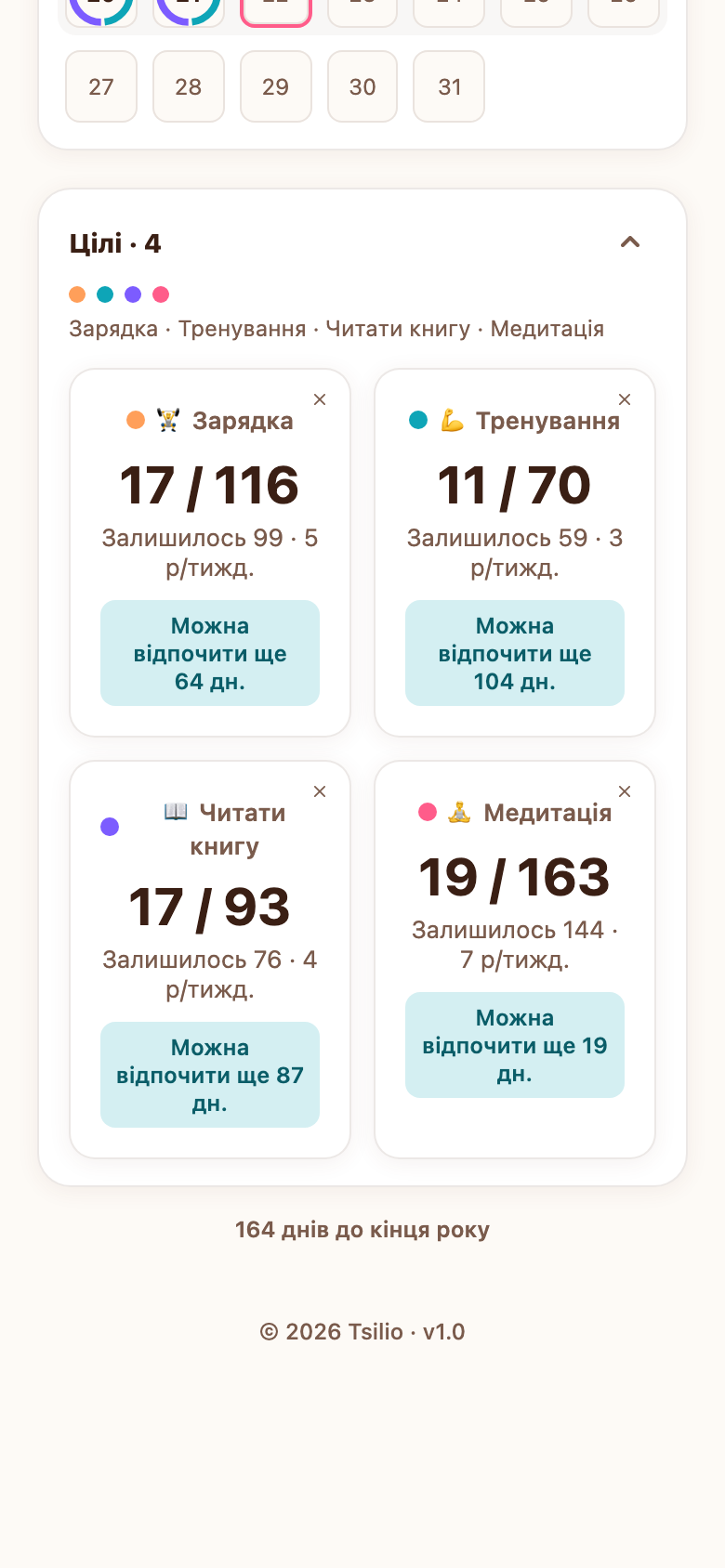 Мобільна версія Tsilio: картки цілей з прогресом і підказкою темпу — скільки можна відпочити або наскільки є відставання